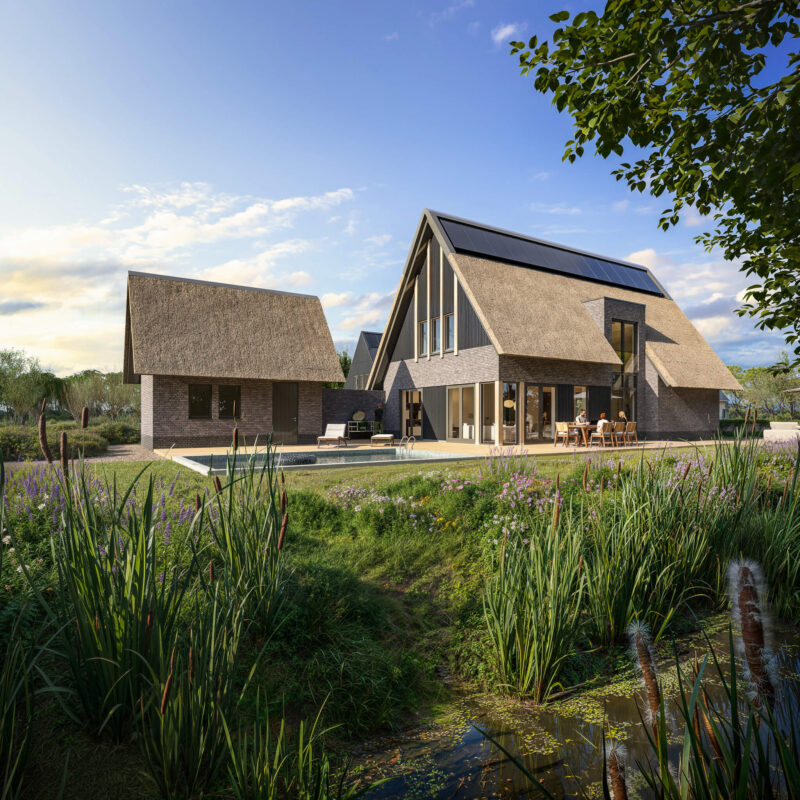 Tuinontwerp en zijaanzicht van een woning binnen nieuwbouwproject De Hoeven in 's Gravenmeer