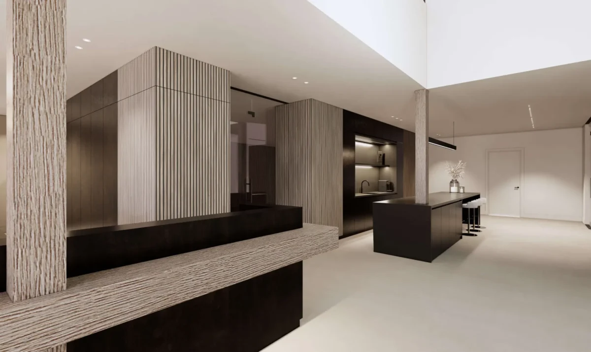 Render interieurontwerp: de keuken binnen kantoor Morrenhof-Jansen