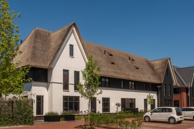 Zijaanzicht rietgedekte woningen binnen Nieuw Boorn