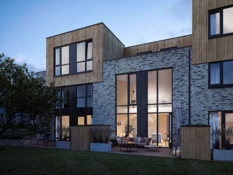 Render: sfeerbeeld in de avond van Rijndael de Boomgaard