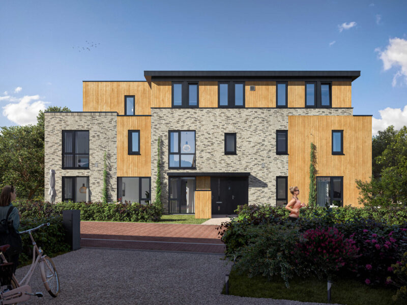 Scaled render en vooraanzicht van woning binnen Rijndael de Boomgaard