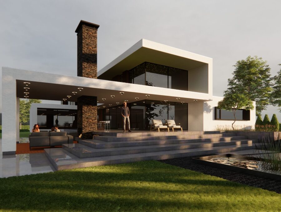 Kubistische villa met grote overstekken