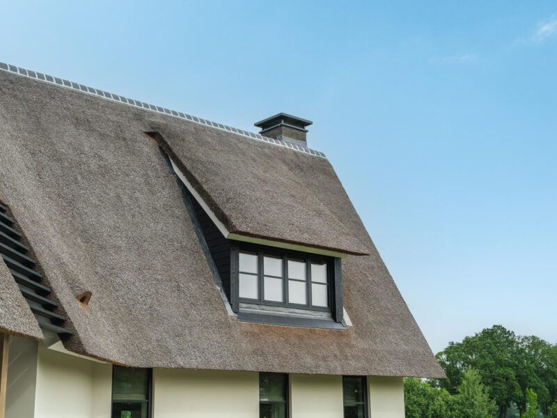 Modern landhuis ontworpen door EVE Architecten - detailbeeld rieten kap